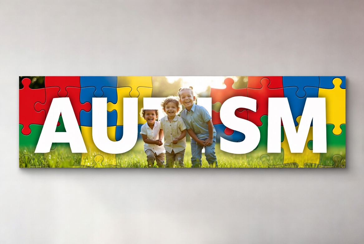 Children running through a sunlit field with the word AUTISM in puzzle-piece colors — Autism Spectrum Disorder support and services for children and families at Orchard Human Services