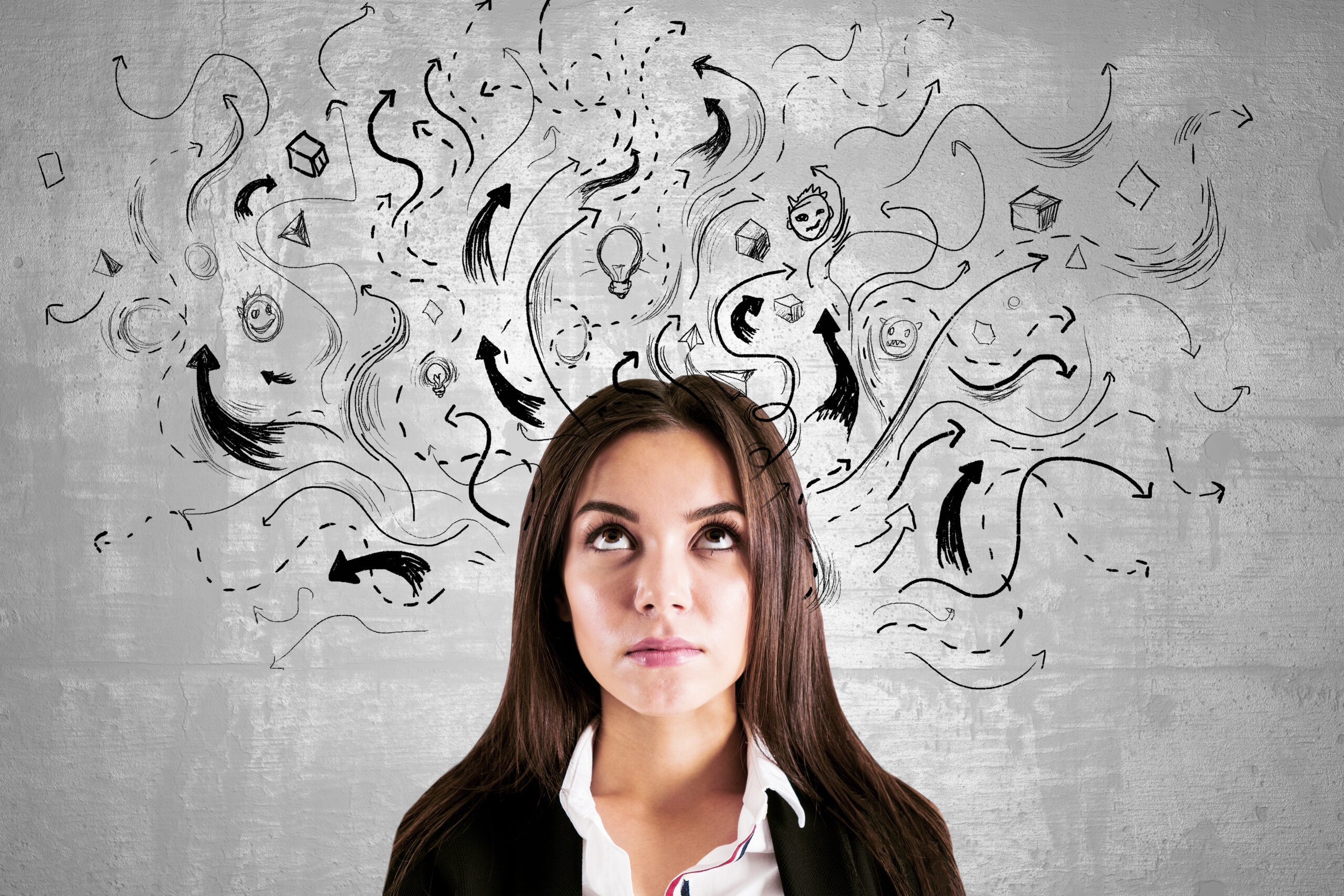 Woman looking upward surrounded by scattered arrows and thoughts — a visual metaphor for the ADHD experience of a busy mind seeking direction and focus