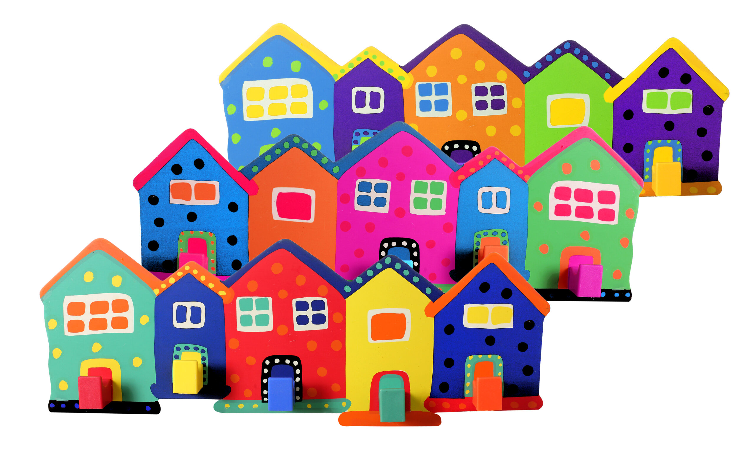 A row of colorful toy houses on a white background