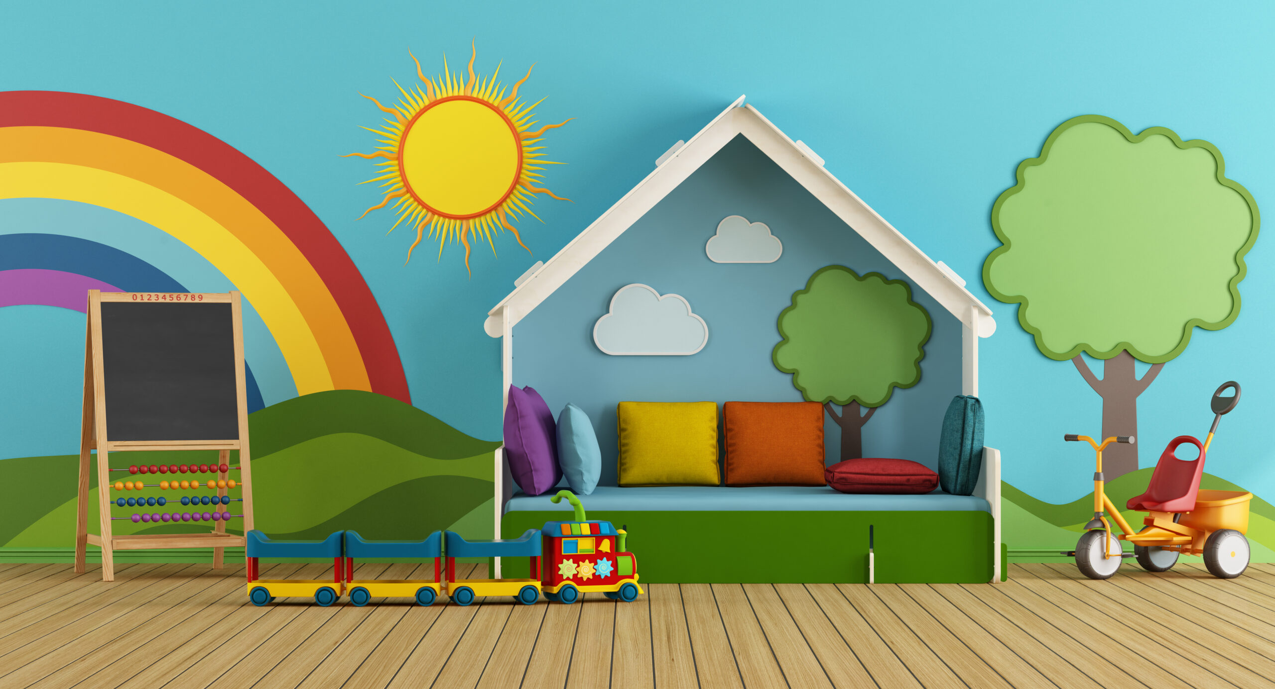 Colorful toys in a playroom with a rainbow-painted wall