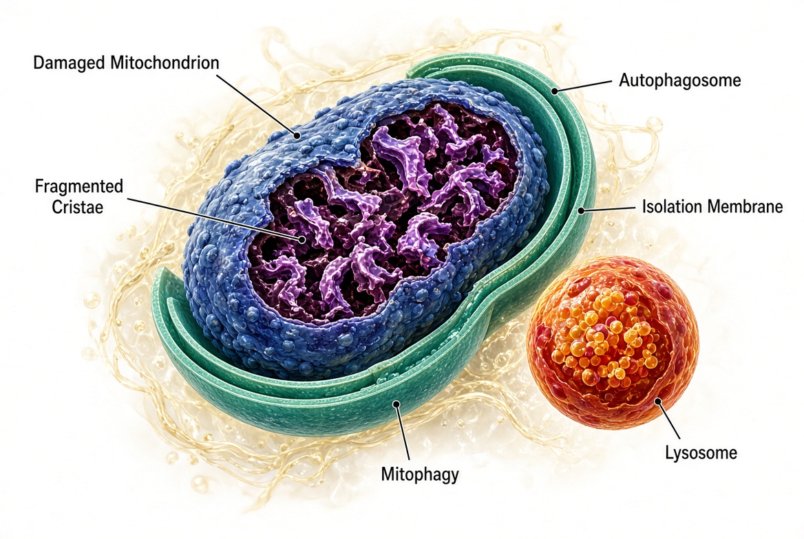 A damaged mitochondrion with disrupted internal structure, contrasted with the healthy one shown earlier.