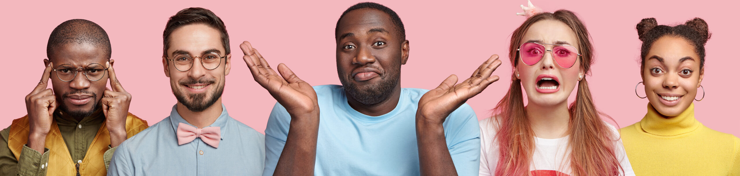 A group of people showing a wide range of facial expressions and gestures against a pink background.