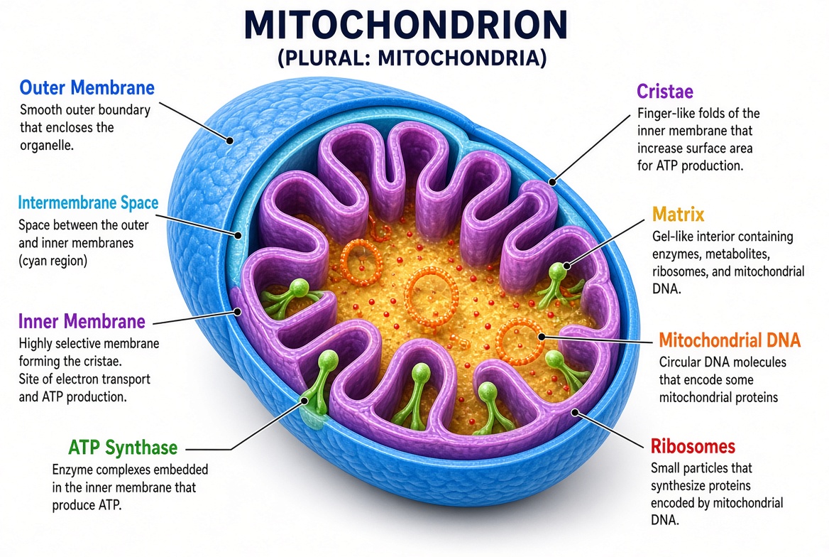 Illustration of a mitochondrion, showing its outer membrane and the folded inner membrane where energy is produced.