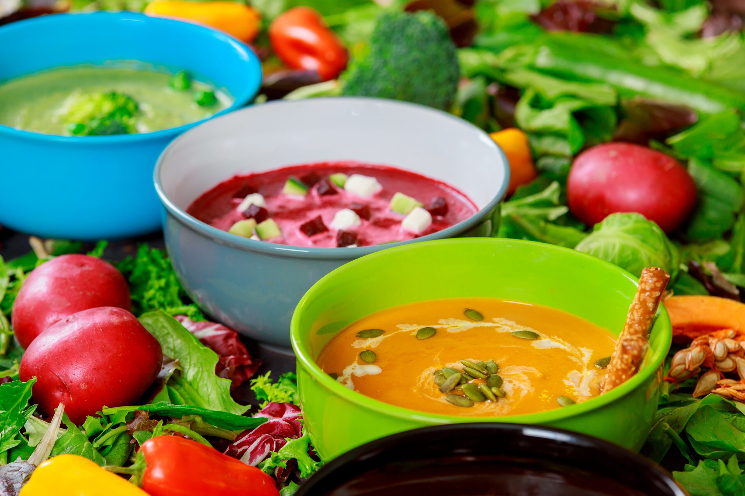 Colourful bowls of vegetable soup surrounded by greens.