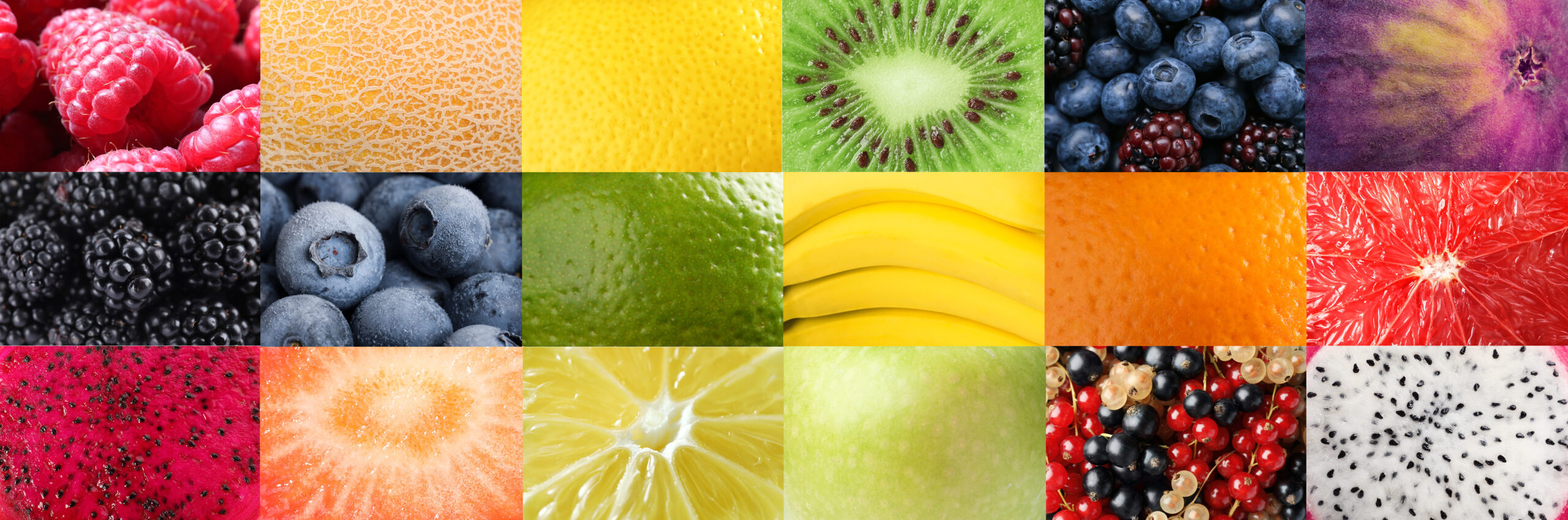 A bright collage of fresh fruits and berries.