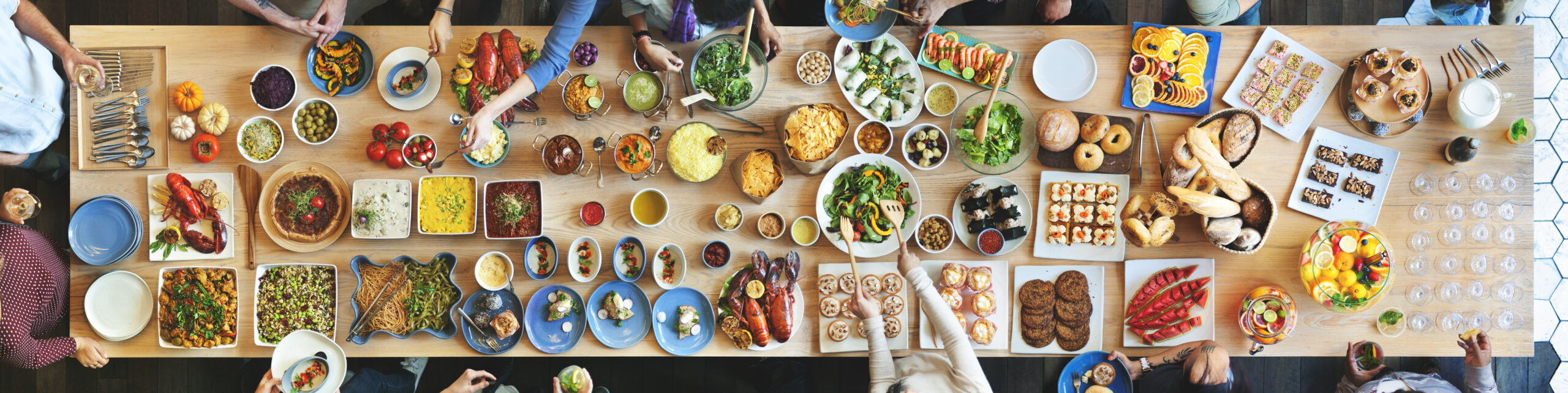 An overhead view of a large shared meal.