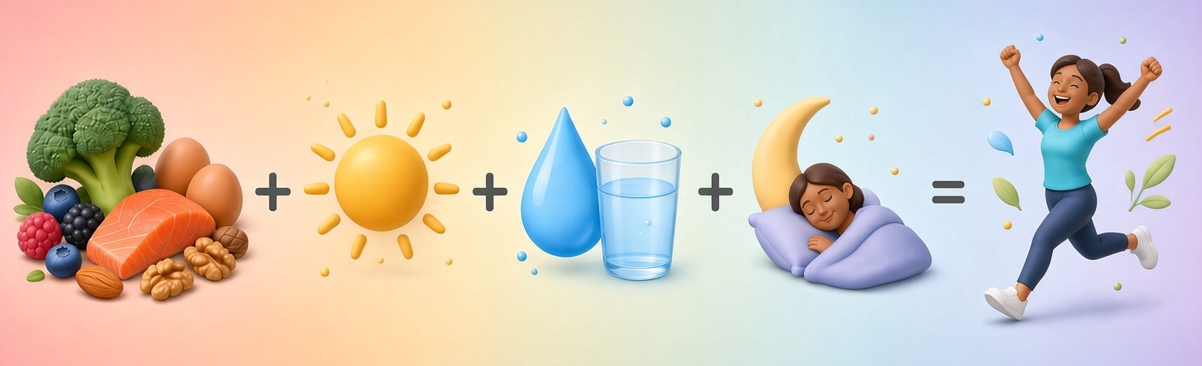 An illustrated equation: food plus sunlight plus water plus sleep equals vitality.