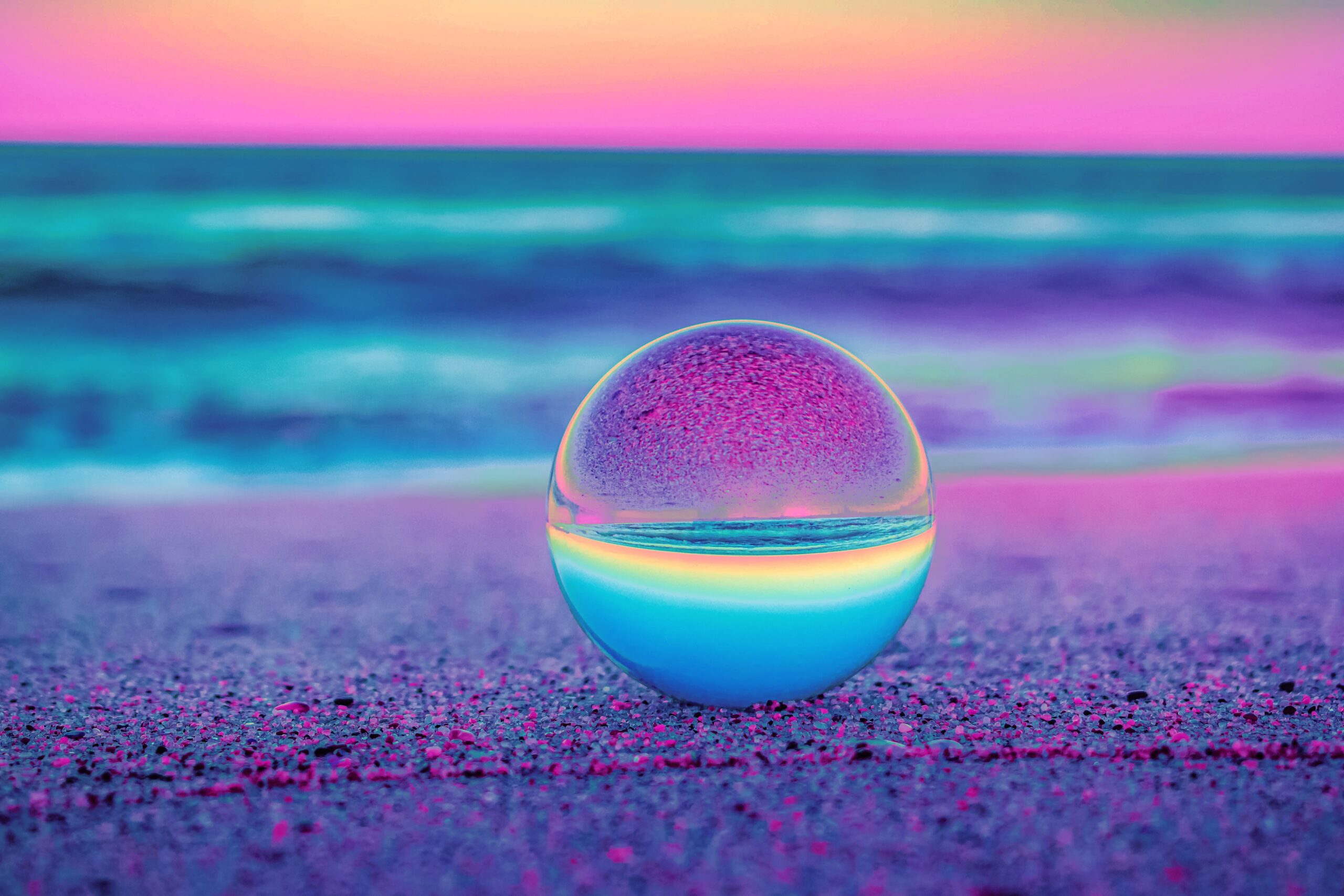 A crystal ball refracting a landscape, showing the same view from a different perspective